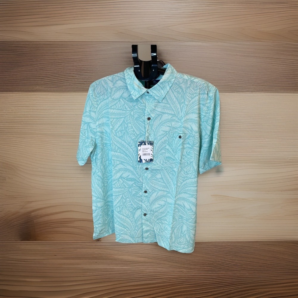 Havana Jim Aqua Palm‎ Leaves Button Down Shirt. L NWT Golf campshirt hawaiian